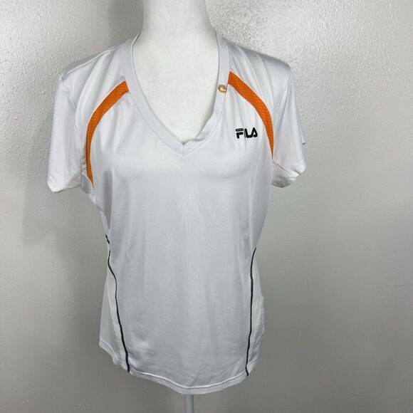 Fila Shirt Women Extra Large White Orange V-Neck Short Sleeve Stretch Active Tee - Picture 11 of 11